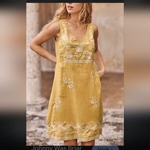 Johnny was Womens 100% linen yellow embroidered mini sleeveless dress Small  euc